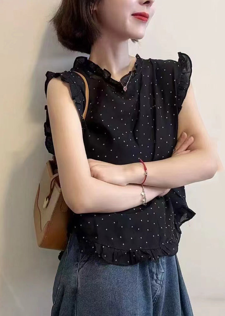 Beautiful Black Dot Print Ruffled Chiffon Vests Sleeveless