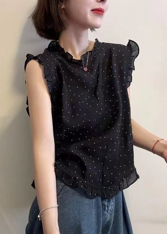 Beautiful Black Dot Print Ruffled Chiffon Vests Sleeveless