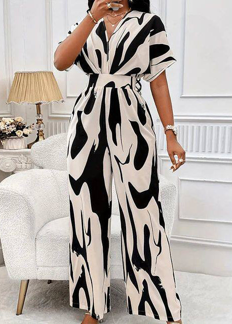 Beautiful Black Elastic Waist Print Spandex Jumpsuit Summer