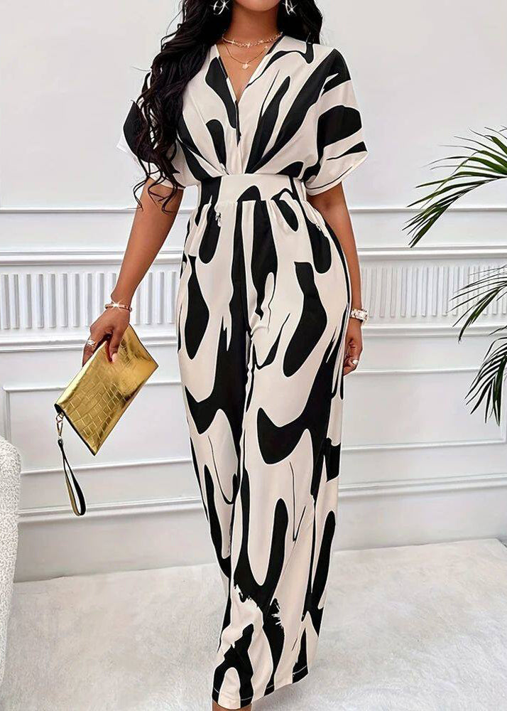 Beautiful Black Elastic Waist Print Spandex Jumpsuit Summer