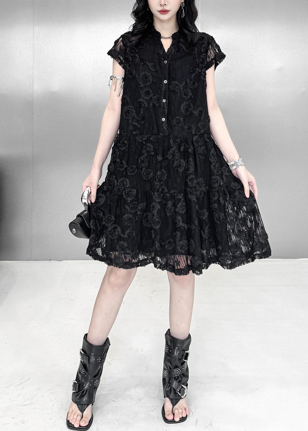 Beautiful Black Embroidered Floral Tulle Mini Dresses Summer