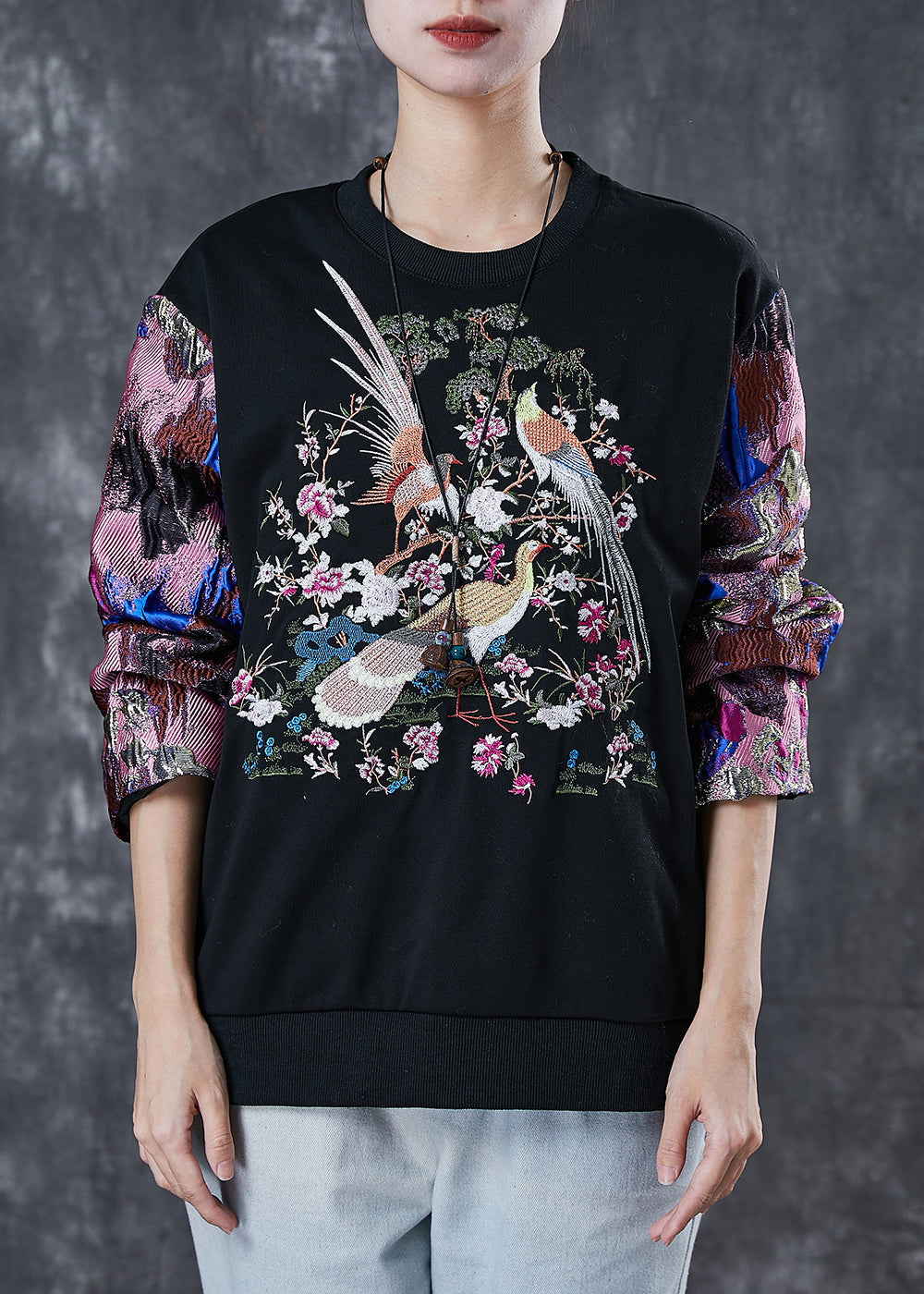 Beautiful Black Embroidered Patchwork Cotton Sweatshirt Spring