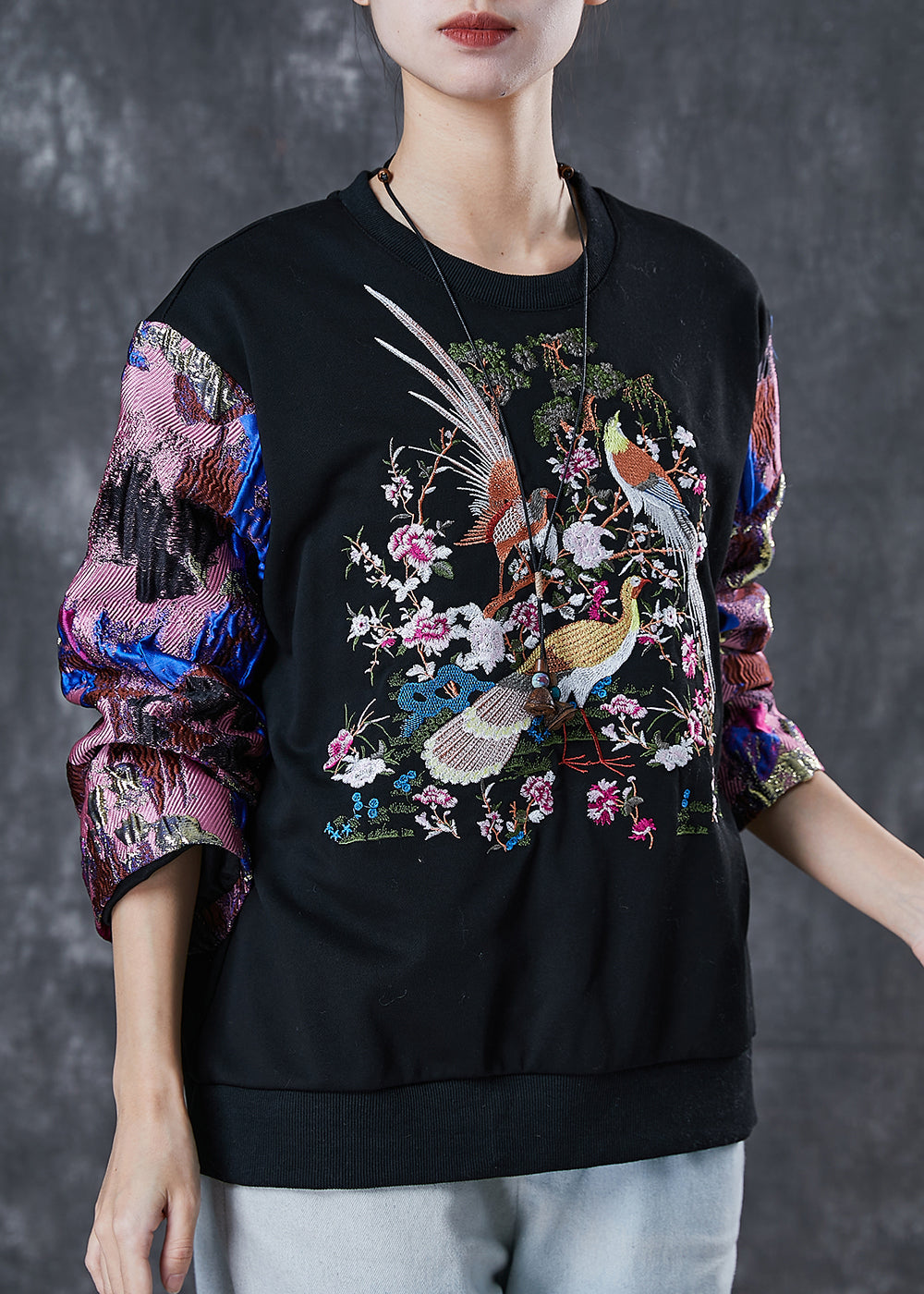 Beautiful Black Embroidered Patchwork Cotton Sweatshirt Spring