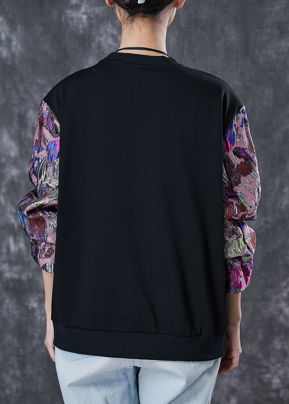 Beautiful Black Embroidered Patchwork Cotton Sweatshirt Spring