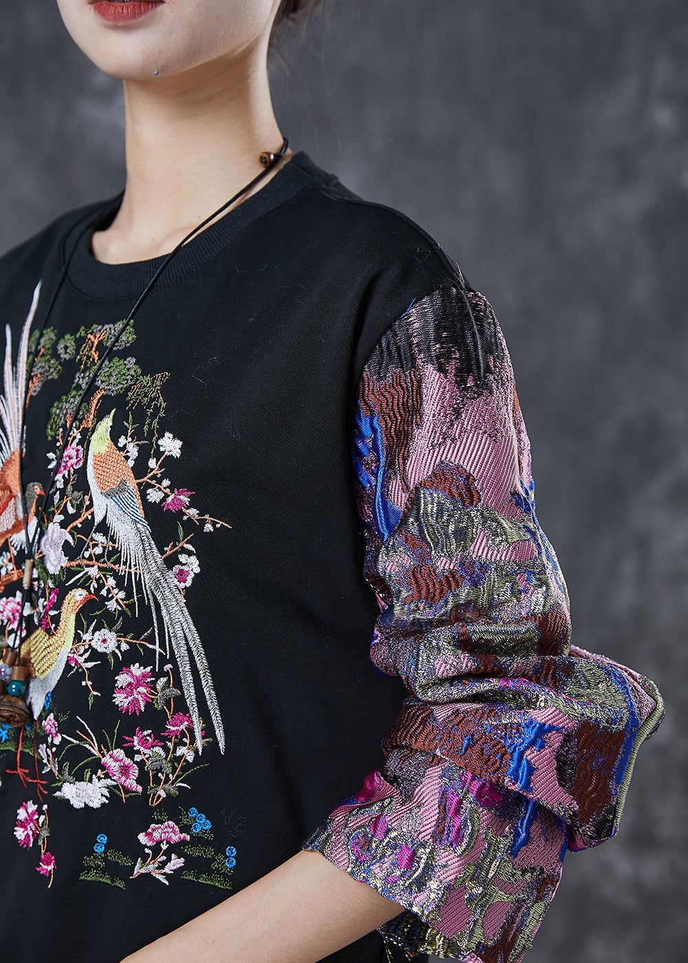 Beautiful Black Embroidered Patchwork Cotton Sweatshirt Spring