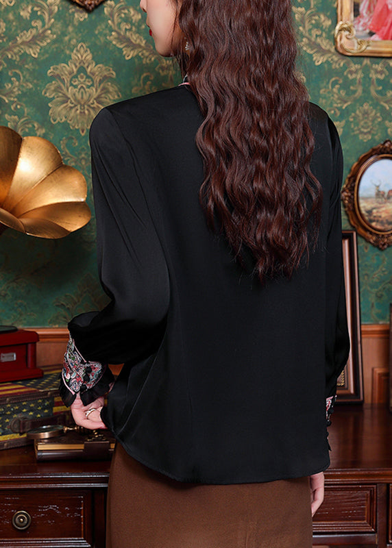 Beautiful Black Embroidered Tulle Patchwork Hollow Out Chiffon Tops Long Sleeve