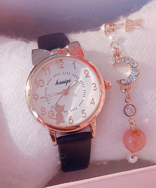 Beautiful Black Genuine Leather Little Cats Waterproof Watch