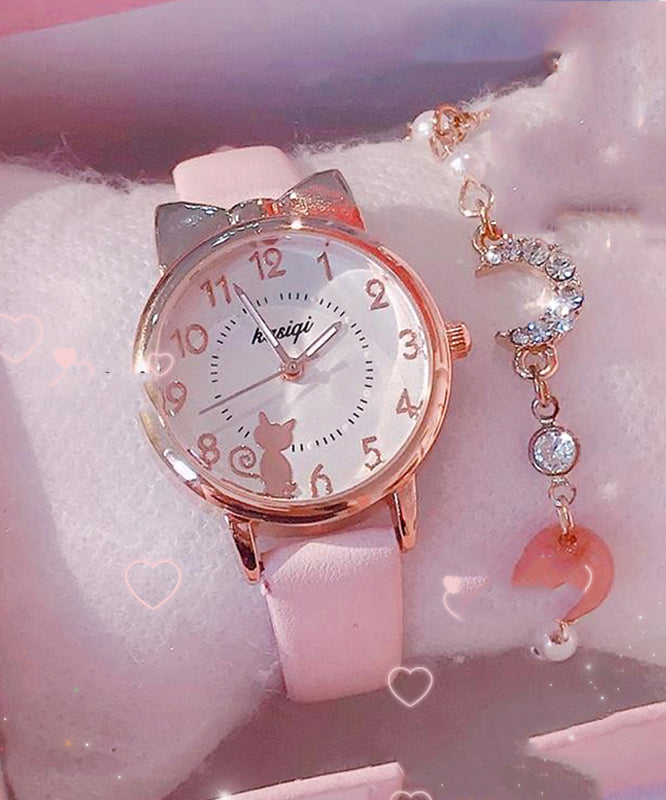 Beautiful Black Genuine Leather Little Cats Waterproof Watch