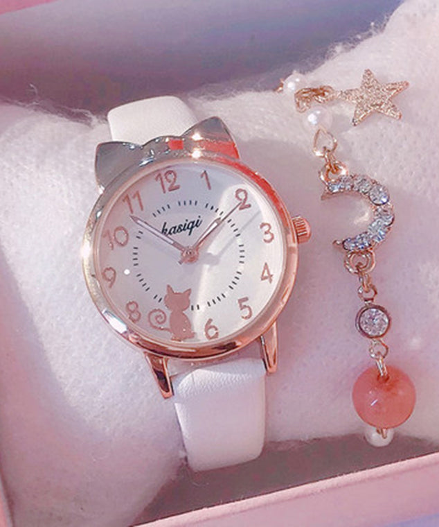 Beautiful Black Genuine Leather Little Cats Waterproof Watch