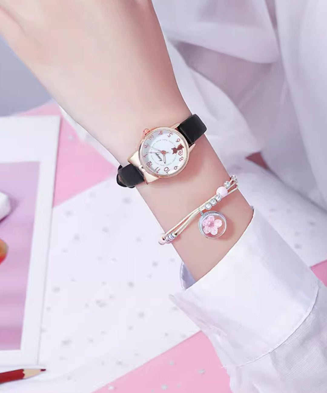 Beautiful Black Genuine Leather Little Cats Waterproof Watch