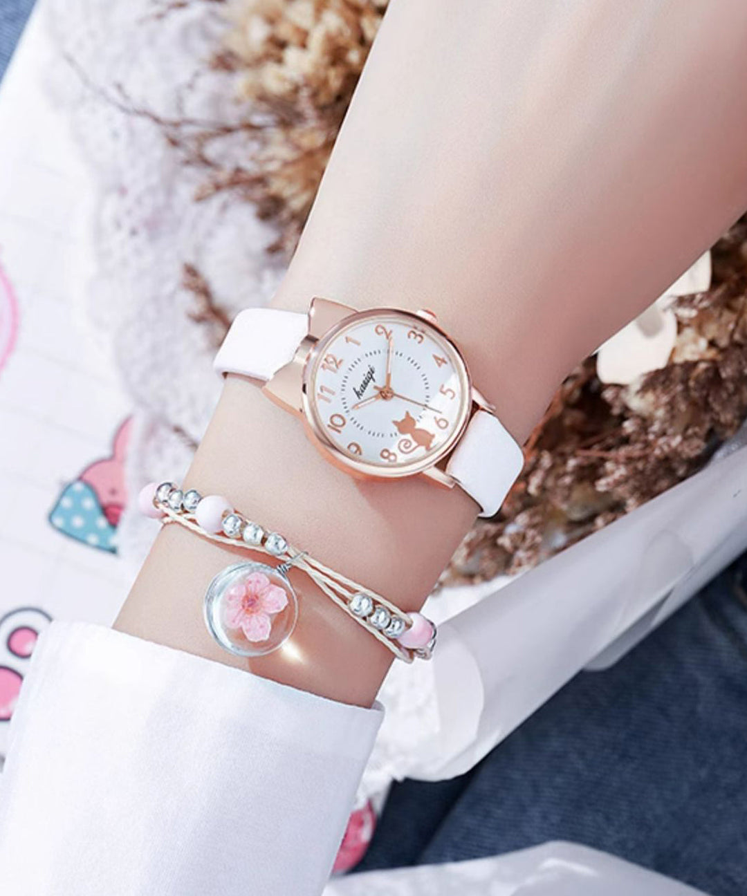 Beautiful Black Genuine Leather Little Cats Waterproof Watch