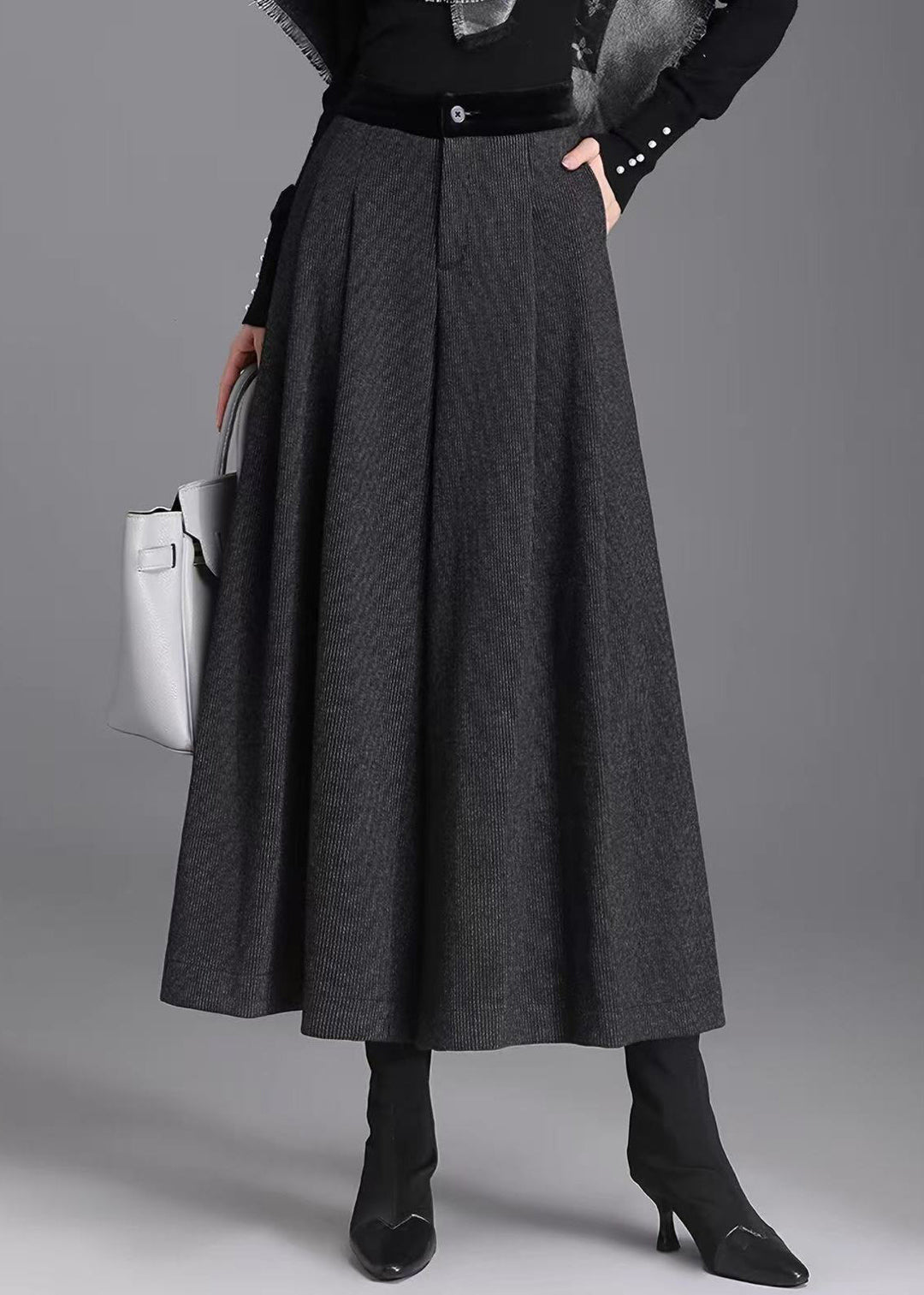 Beautiful Black Grey Pockets High Waist Woolen Wide Leg Crop Pants Skirt Fall