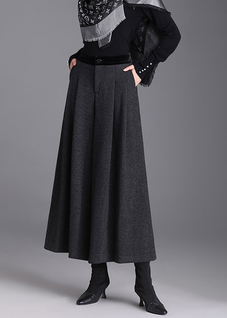 Beautiful Black Grey Pockets High Waist Woolen Wide Leg Crop Pants Skirt Fall