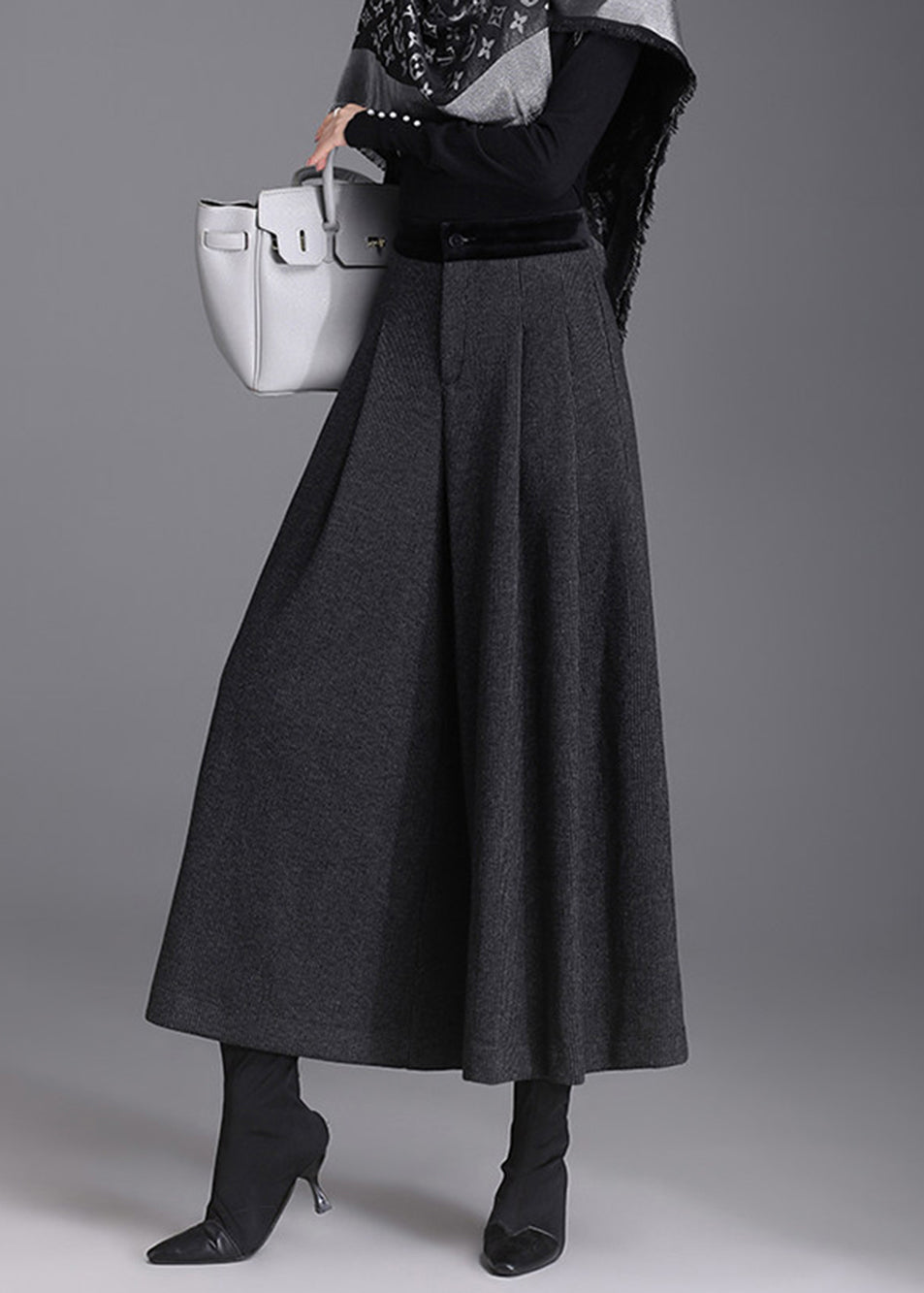 Beautiful Black Grey Pockets High Waist Woolen Wide Leg Crop Pants Skirt Fall