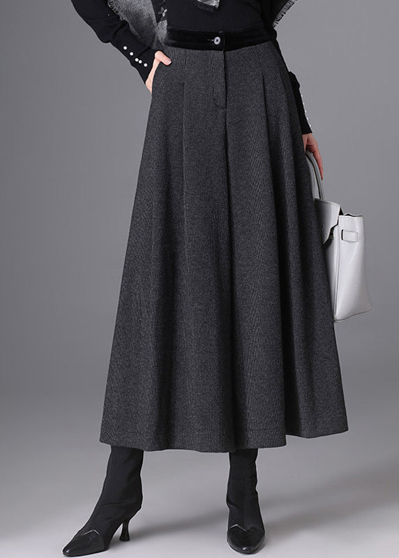 Beautiful Black Grey Pockets High Waist Woolen Wide Leg Crop Pants Skirt Fall