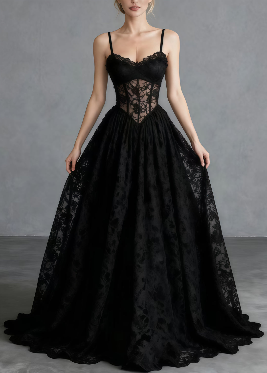 Beautiful Black Hollow Out Exra Large Hem Lace Cami Dresses Summer