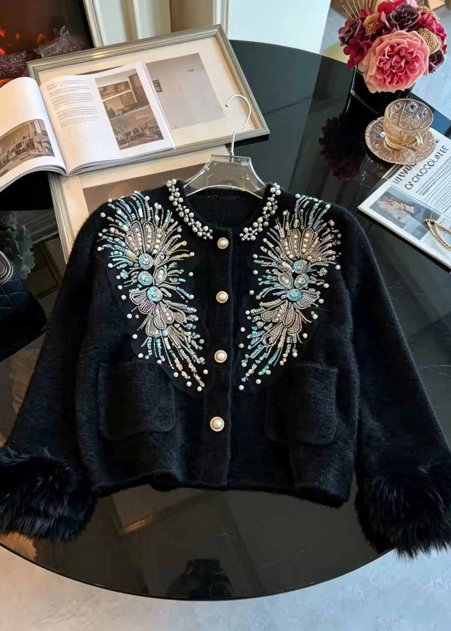 Beautiful Black Nail Bead Sequins Cuff Fur Trim Mink Hair Knitted Cardigan Long sleeve