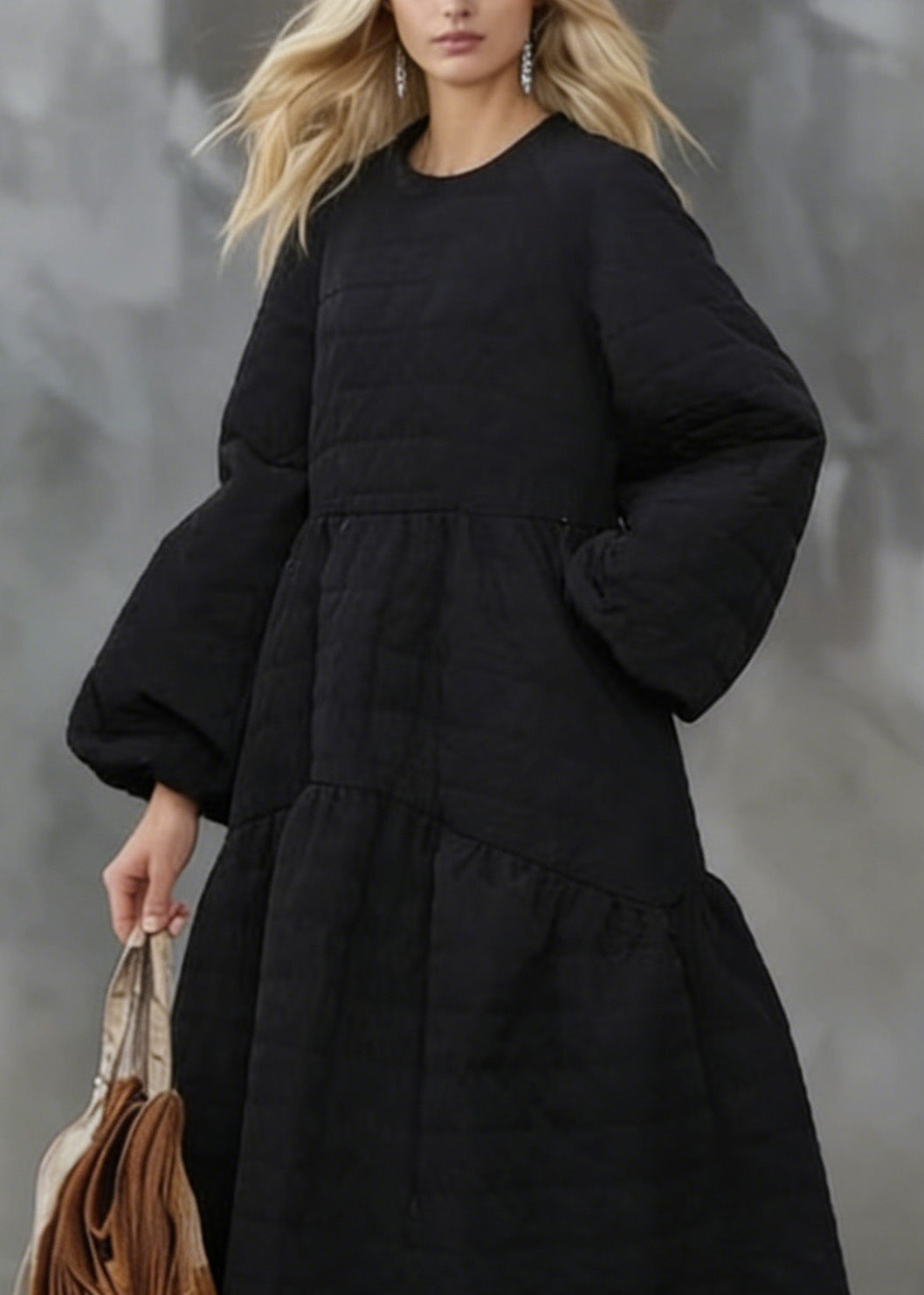 Beautiful Black O Neck Pockets Patchwork Fine Cotton Filled Dress Winter