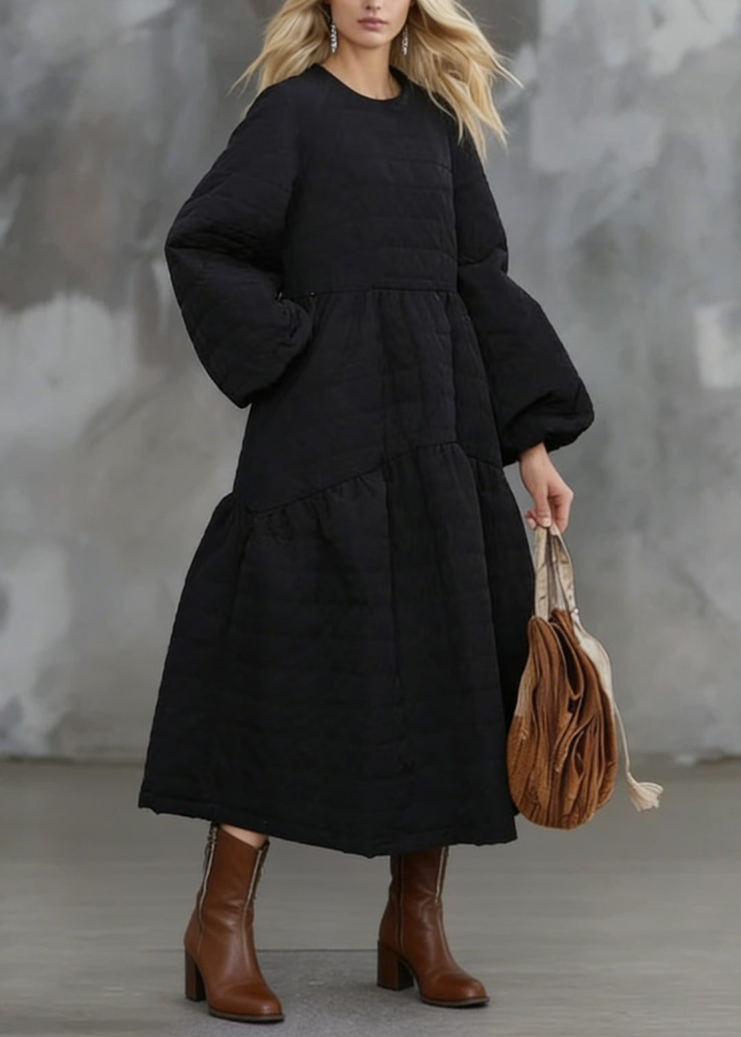 Beautiful Black O Neck Pockets Patchwork Fine Cotton Filled Dress Winter