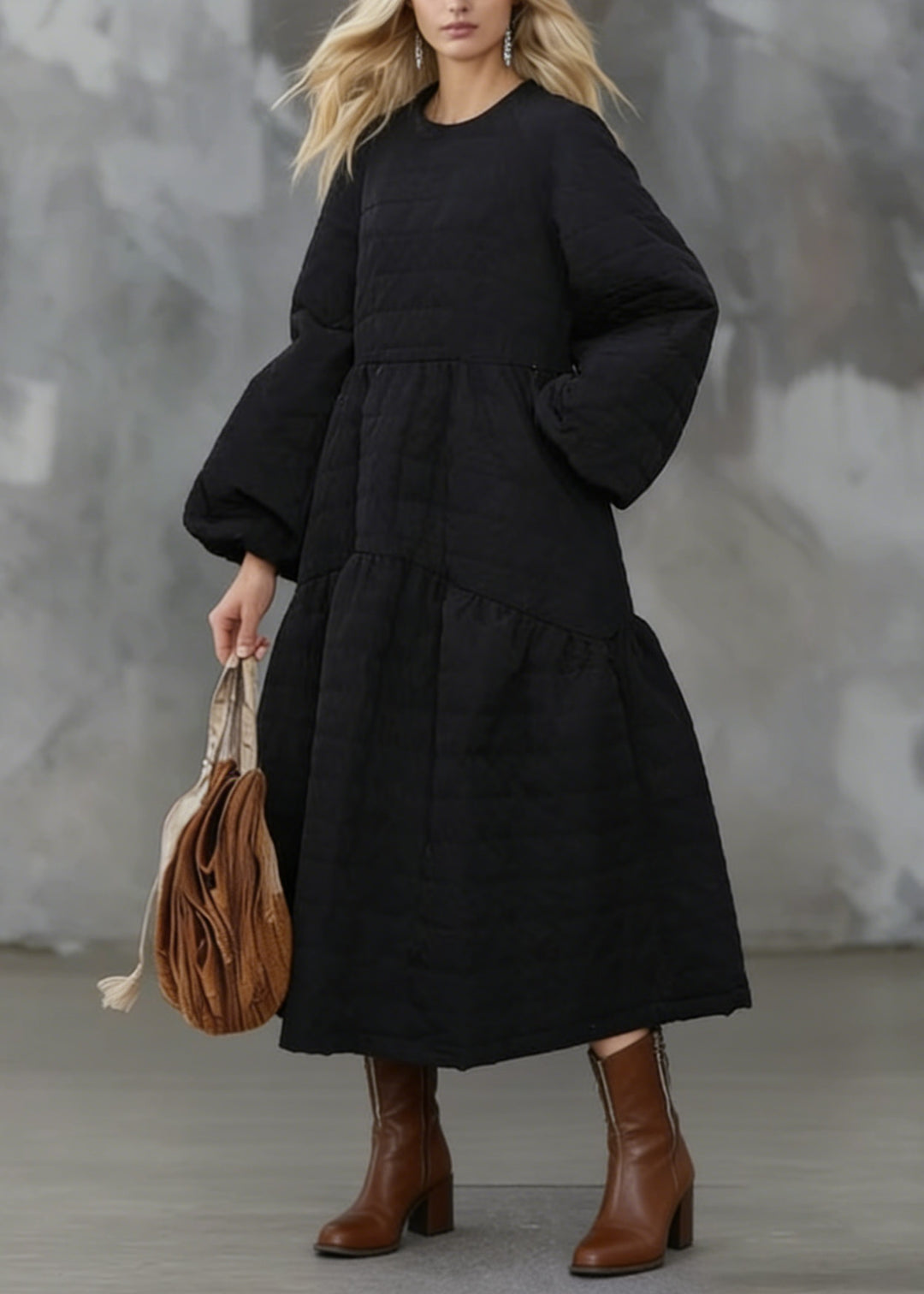 Beautiful Black O Neck Pockets Patchwork Fine Cotton Filled Dress Winter