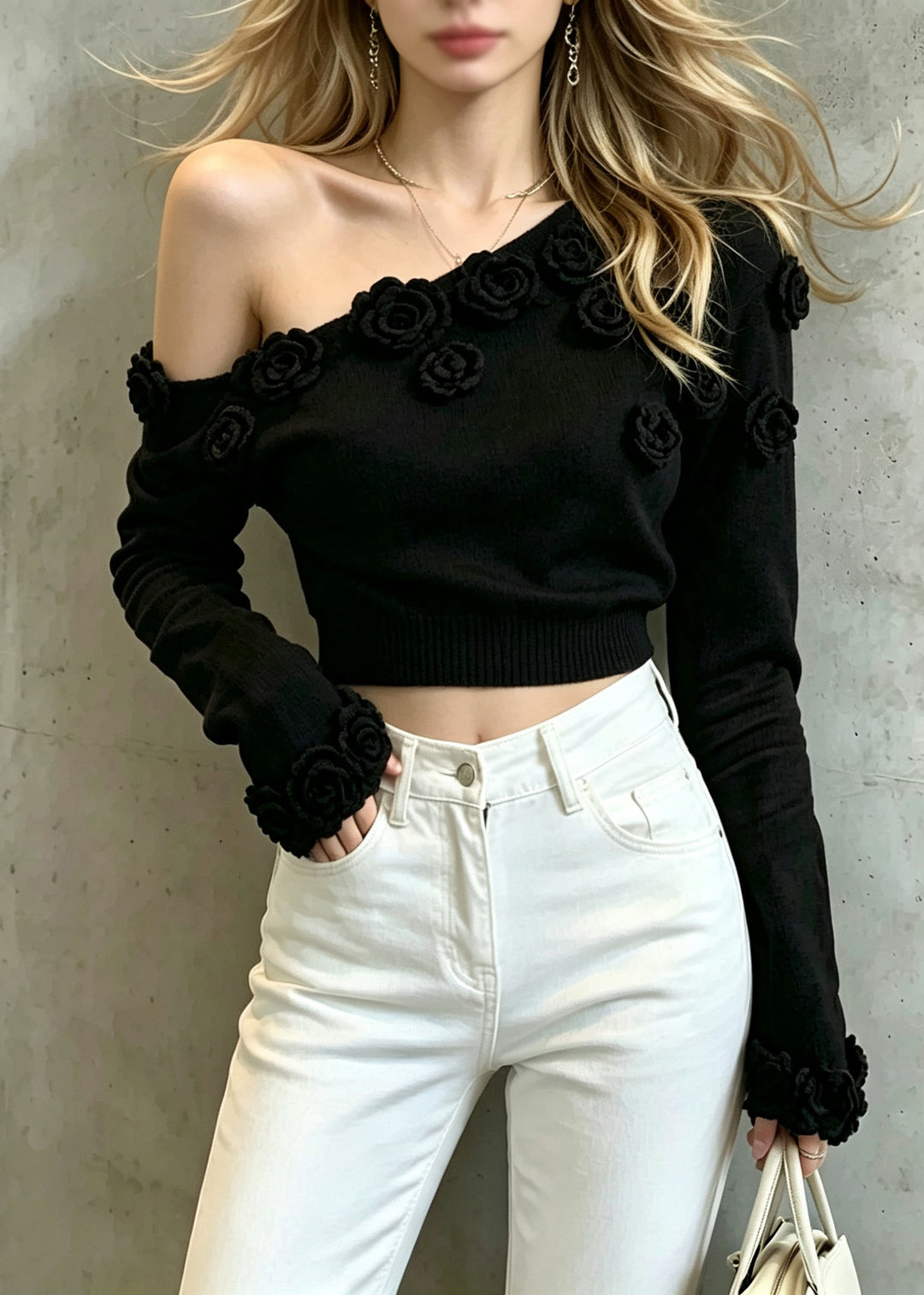 Beautiful Black One Shoulder Sculptural Floral Knit Short Sweater Fall