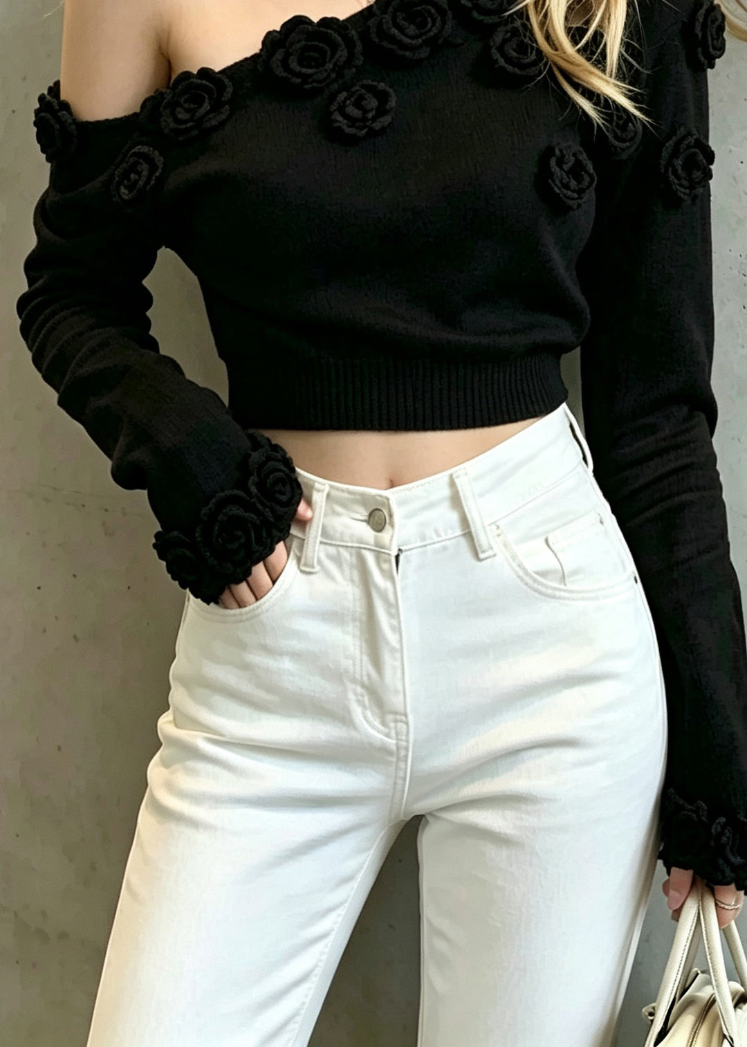 Beautiful Black One Shoulder Sculptural Floral Knit Short Sweater Fall