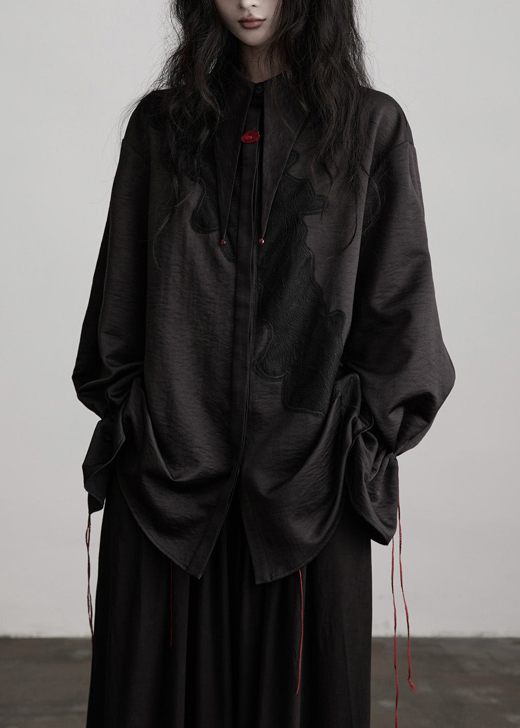 Beautiful Black Peter Pan Collar Drawstring Patchwork Silk Blouses Fall