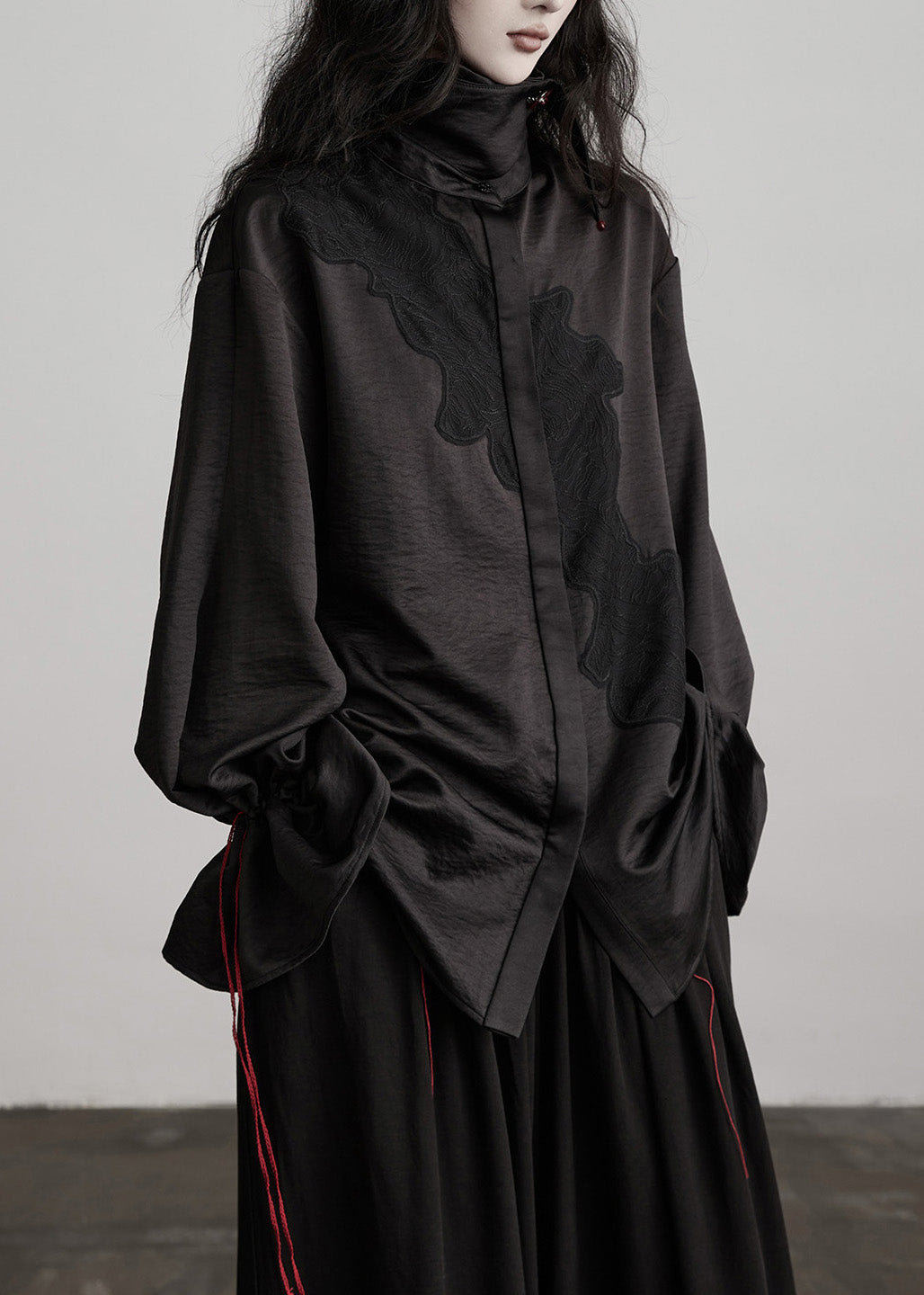 Beautiful Black Peter Pan Collar Drawstring Patchwork Silk Blouses Fall