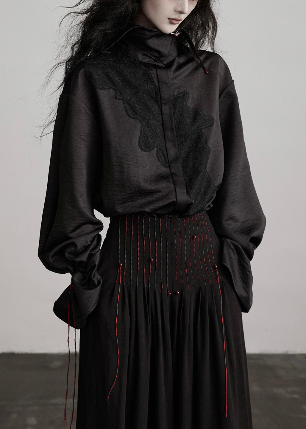 Beautiful Black Peter Pan Collar Drawstring Patchwork Silk Blouses Fall