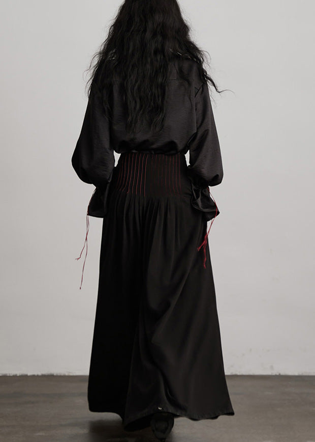 Beautiful Black Peter Pan Collar Drawstring Patchwork Silk Blouses Fall