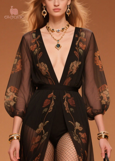 Beautiful Black Print Draping Chiffon UPF 50+ Beach Cardigan Summer