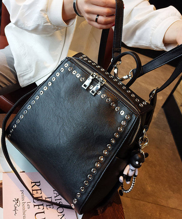 Beautiful Black Rivet Solid Durable Faux Leather Versatile Backpack Bag