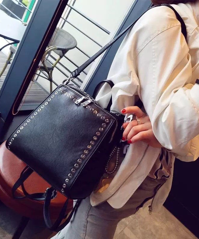 Beautiful Black Rivet Solid Durable Faux Leather Versatile Backpack Bag
