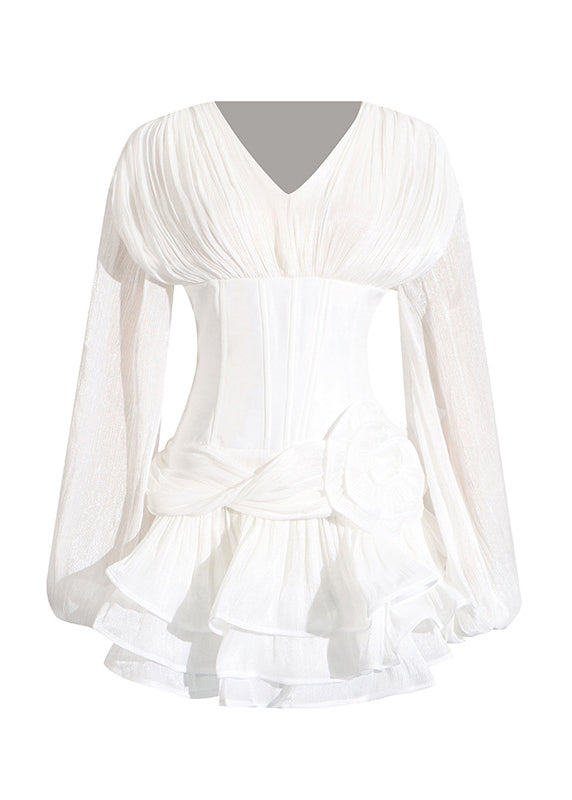 Beautiful Black Ruffled Floral Cotton Mini Dress Lantern Sleeve