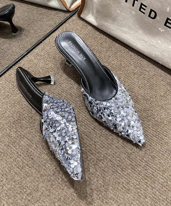 Beautiful Black Sequins Pointed Toe Kitten Thong Sandals