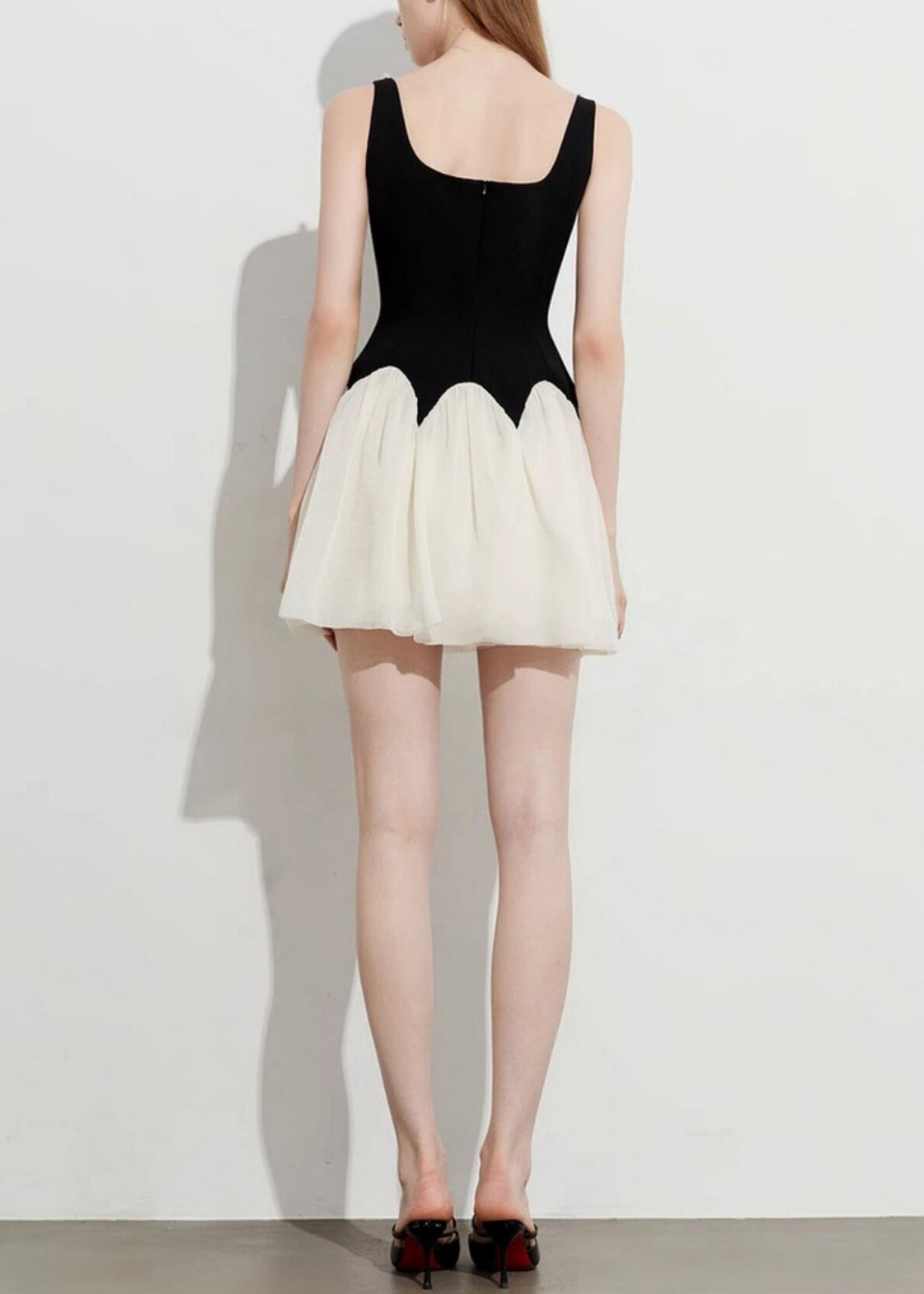 Beautiful Black Square Collar Patchwork Pearl Mini Dress Summer