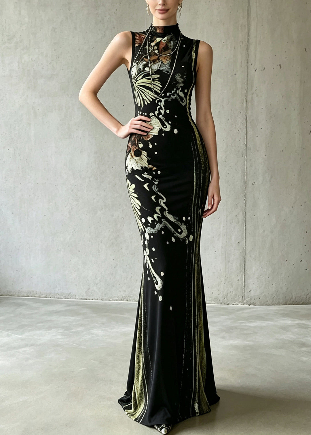 Beautiful Black Stand Collar Print Long Dress Two Piece Set Summer
