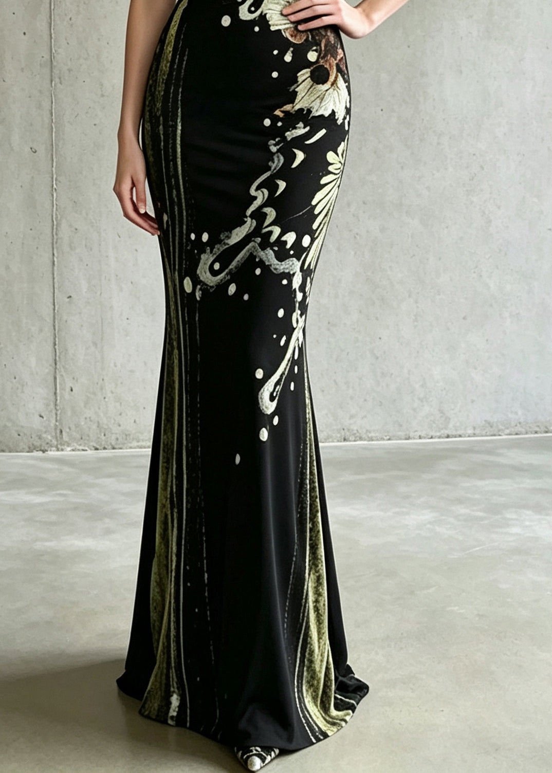 Beautiful Black Stand Collar Print Long Dress Two Piece Set Summer