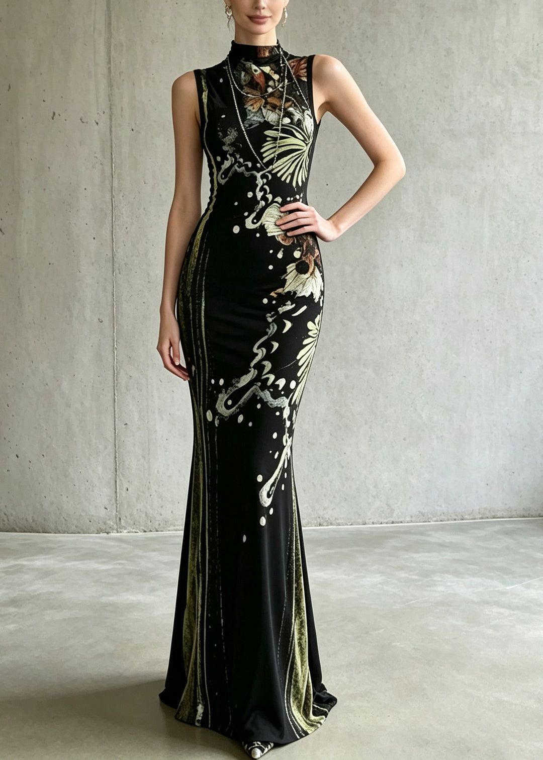 Beautiful Black Stand Collar Print Long Dress Two Piece Set Summer