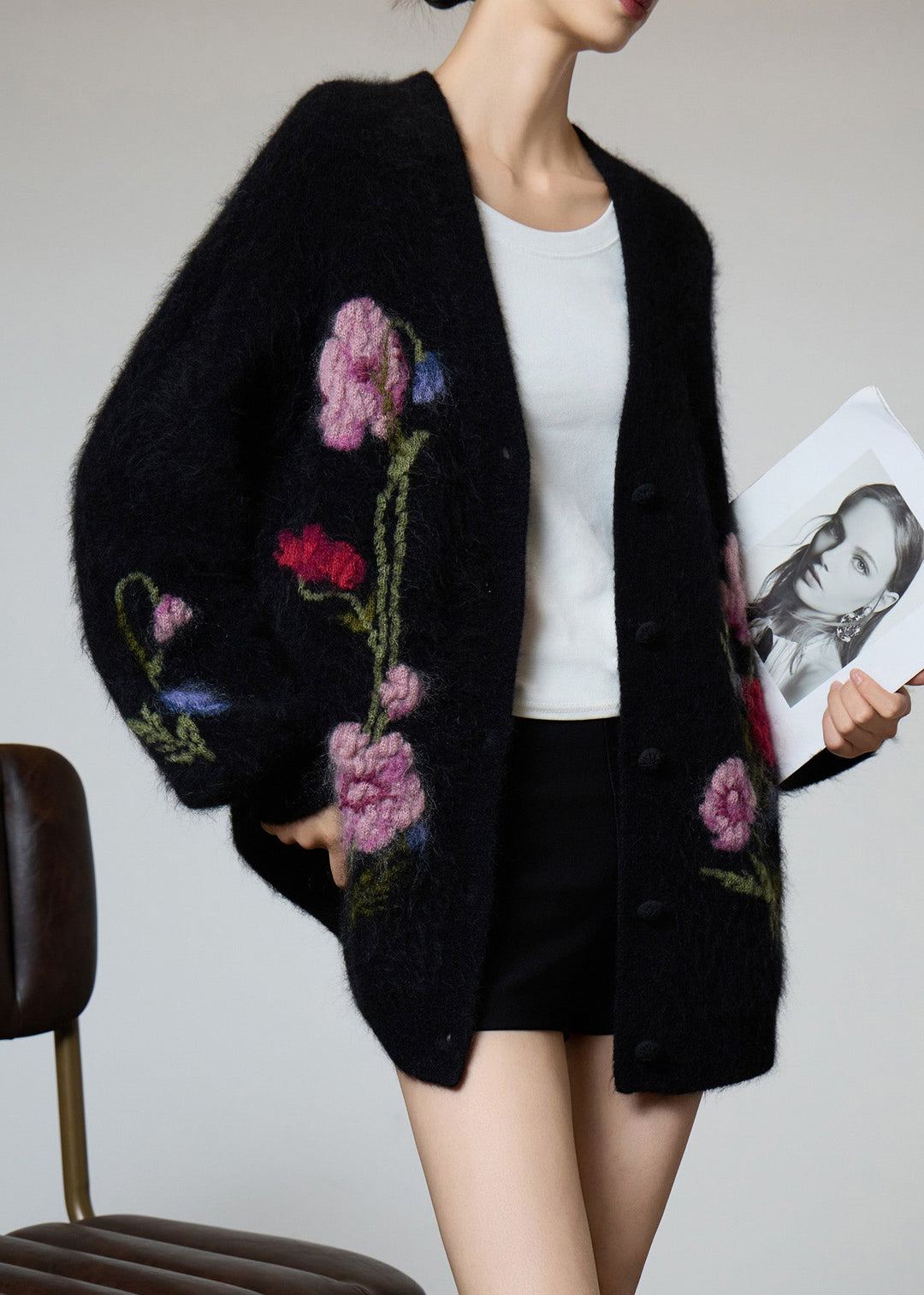 Beautiful Black V Neck Embroidered Knit Coat Fall