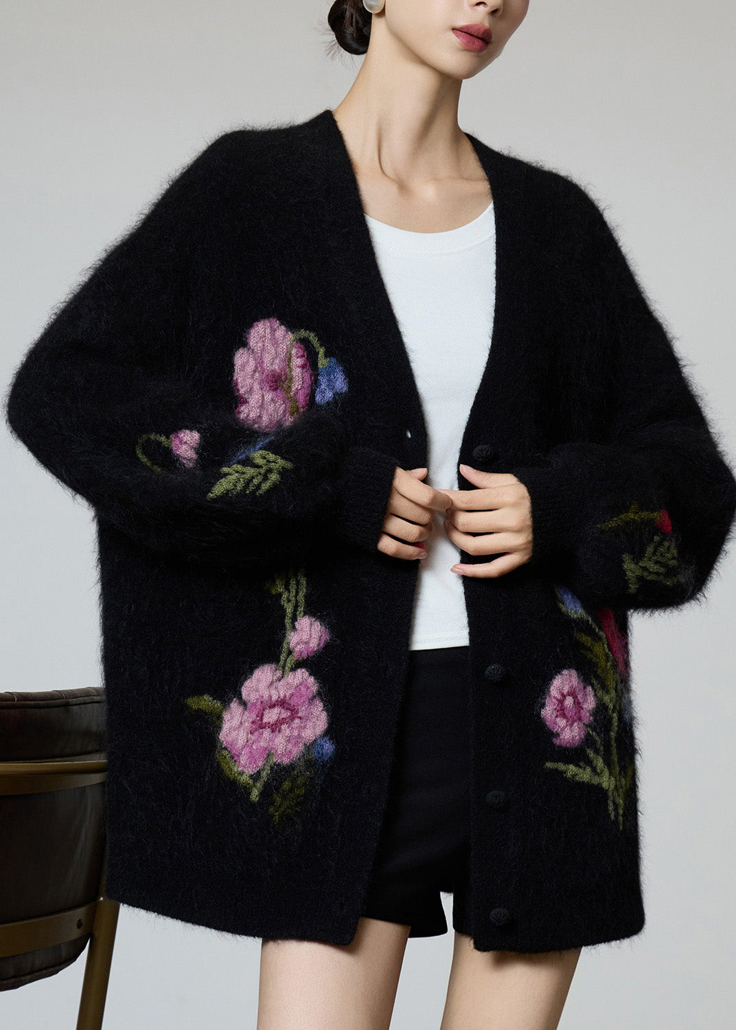 Beautiful Black V Neck Embroidered Knit Coat Fall