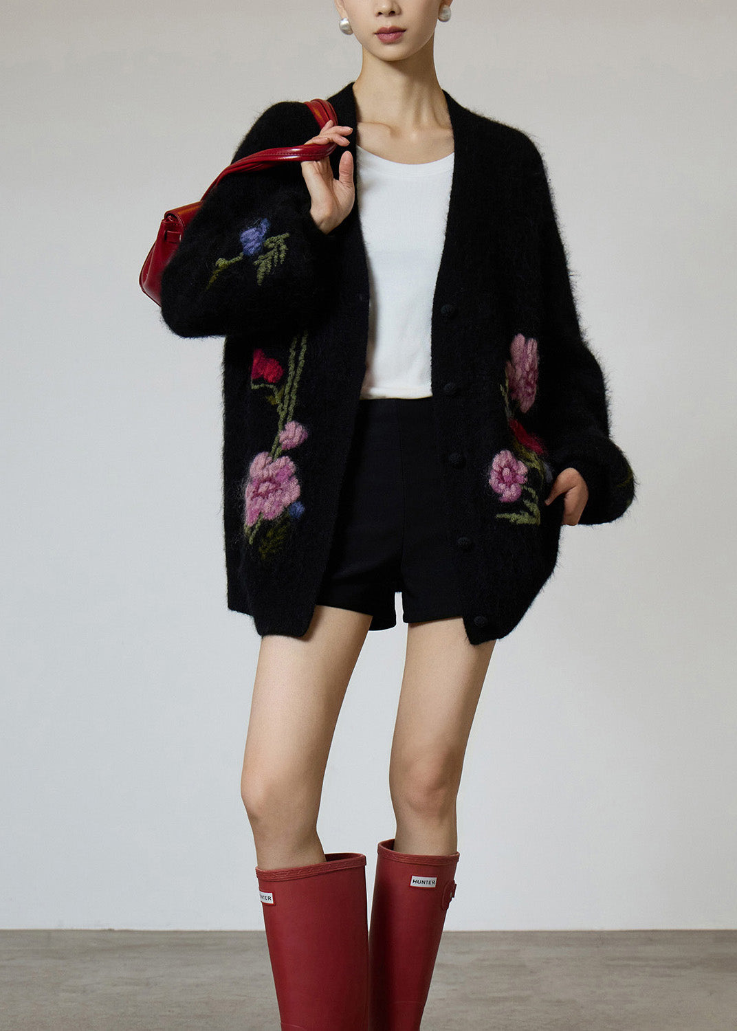 Beautiful Black V Neck Embroidered Knit Coat Fall