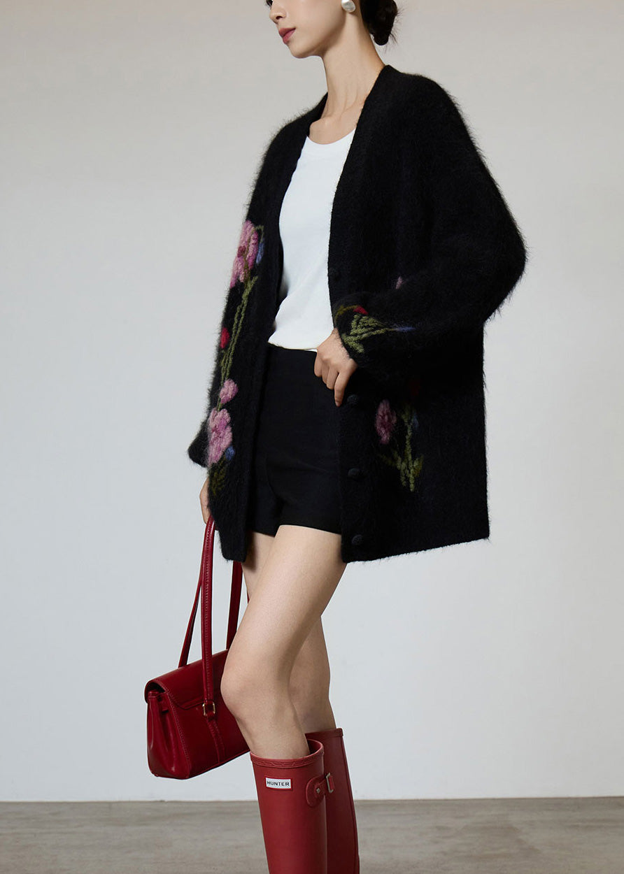 Beautiful Black V Neck Embroidered Knit Coat Fall
