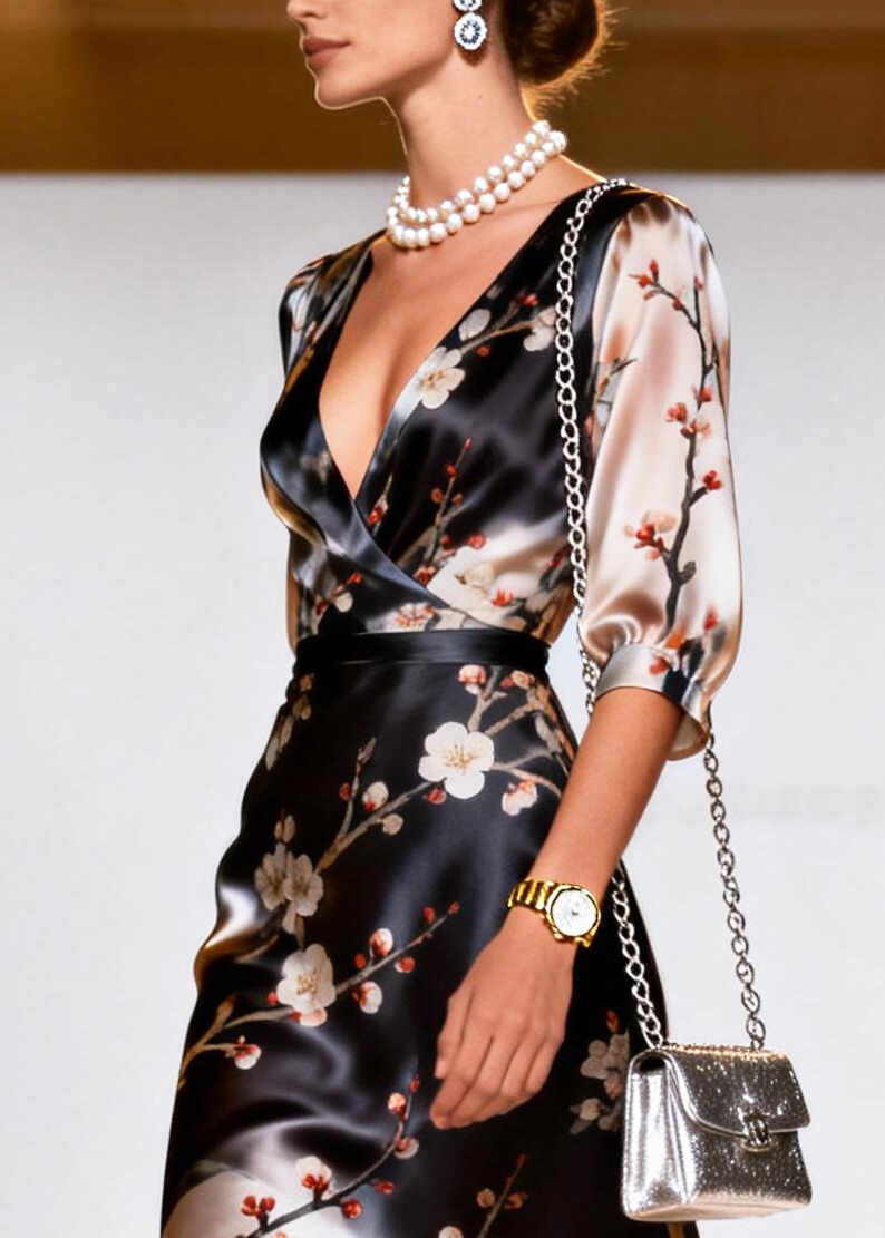 Beautiful Black V Neck Print Silk Long Dresses Summer