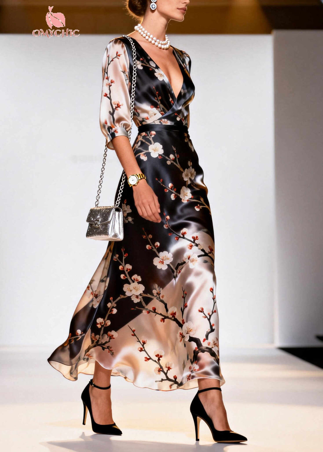 Beautiful Black V Neck Print Silk Long Dresses Summer