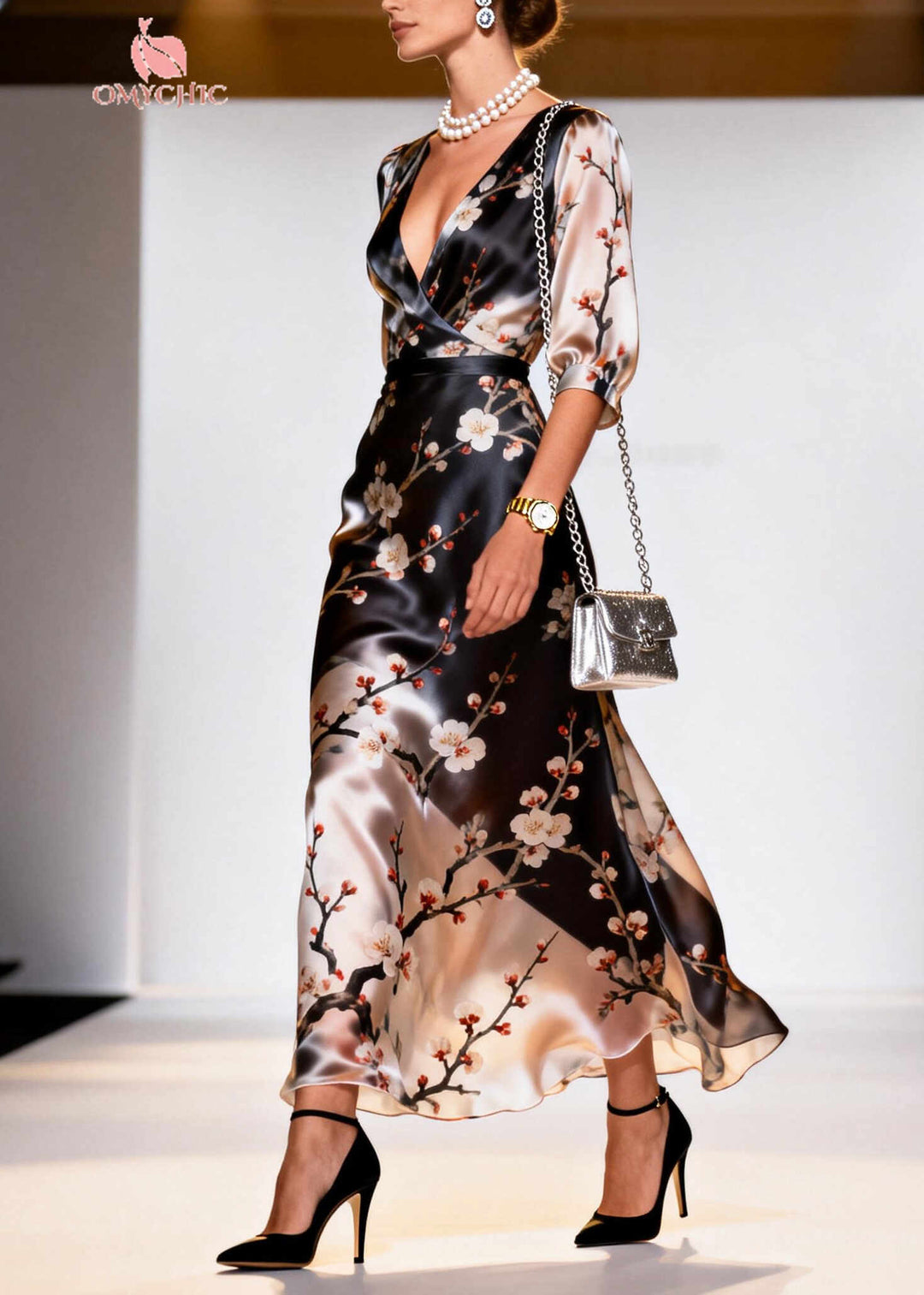Beautiful Black V Neck Print Silk Long Dresses Summer