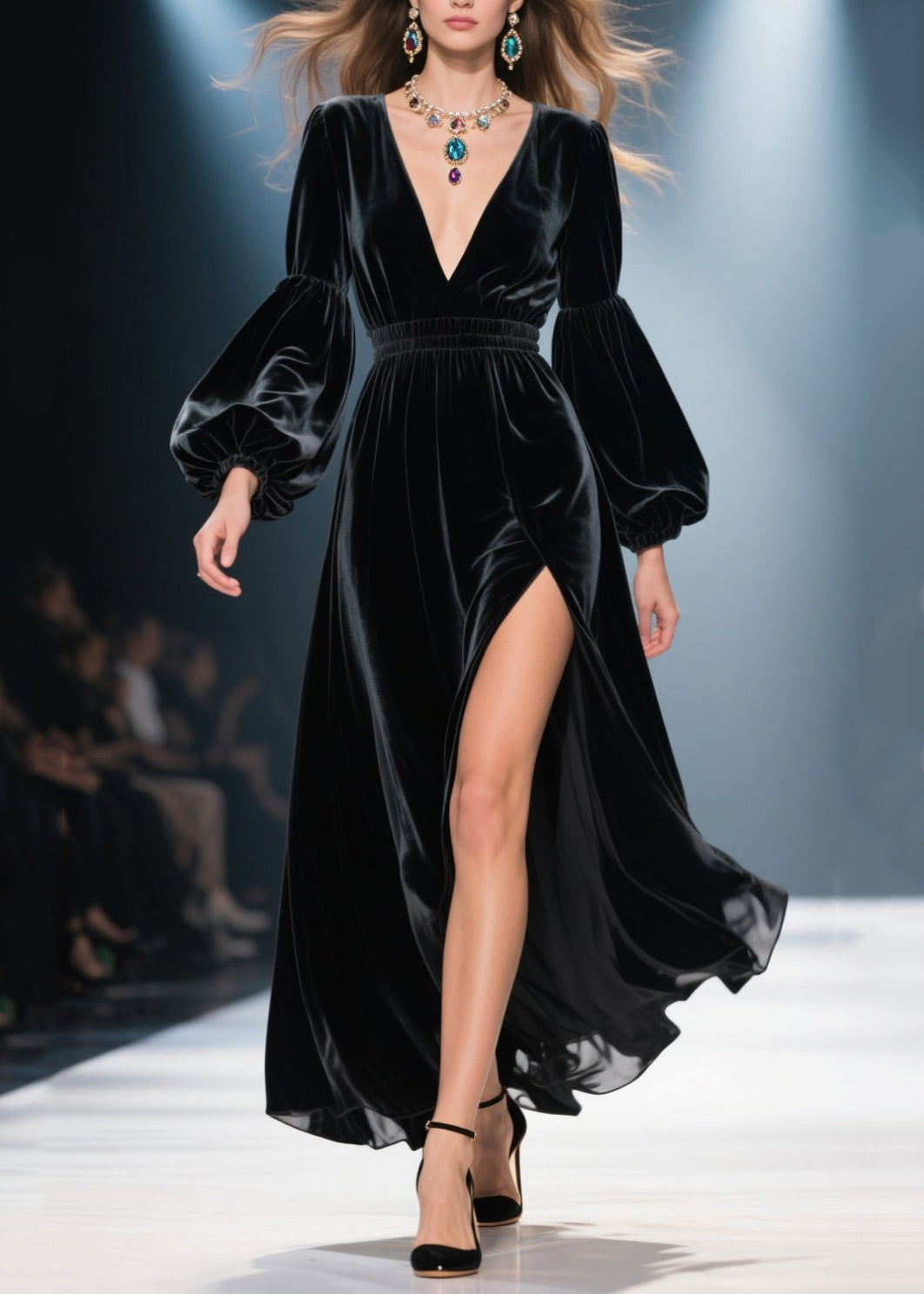 Beautiful Black V Neck Side Open Velvet Long Dress Fall