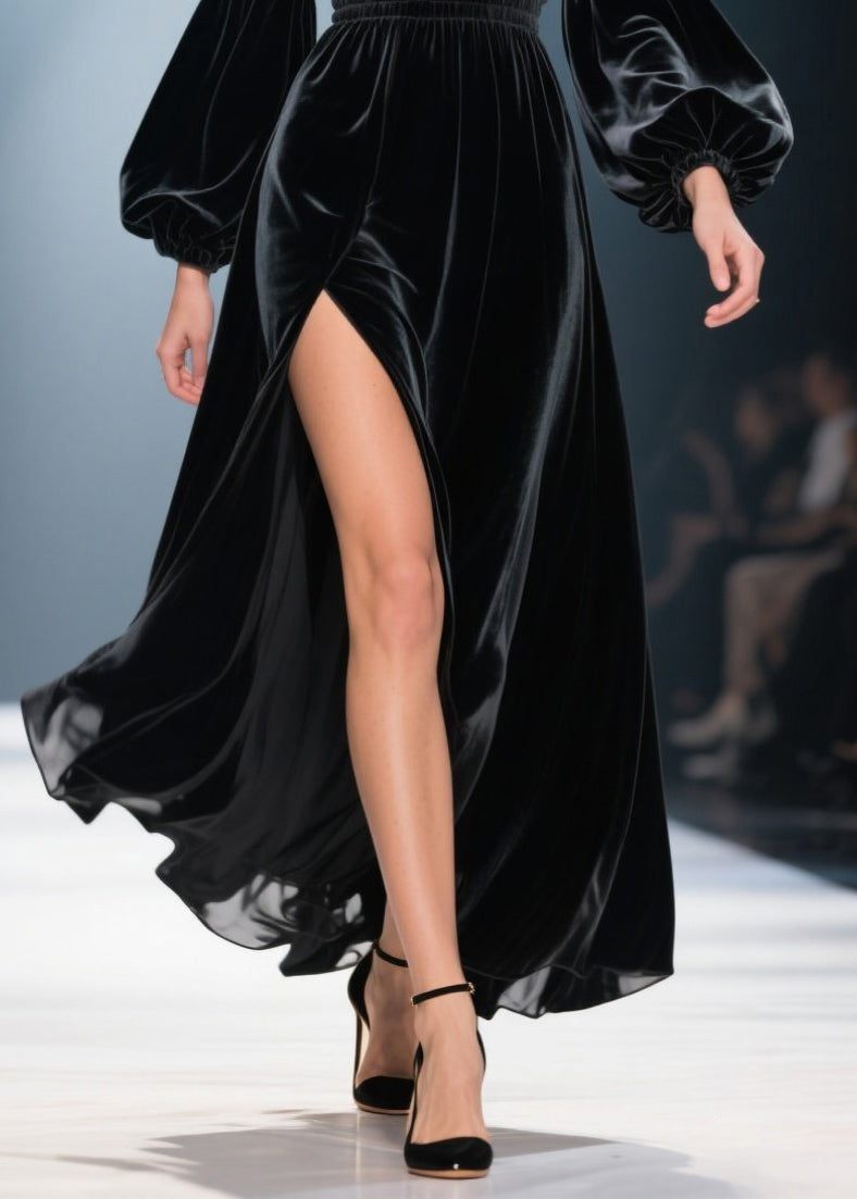 Beautiful Black V Neck Side Open Velvet Long Dress Fall