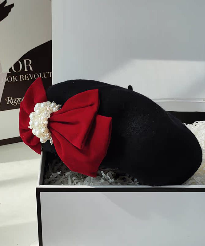 Beautiful Black Velvet Bow Nail Bead Woolen Breton Hat