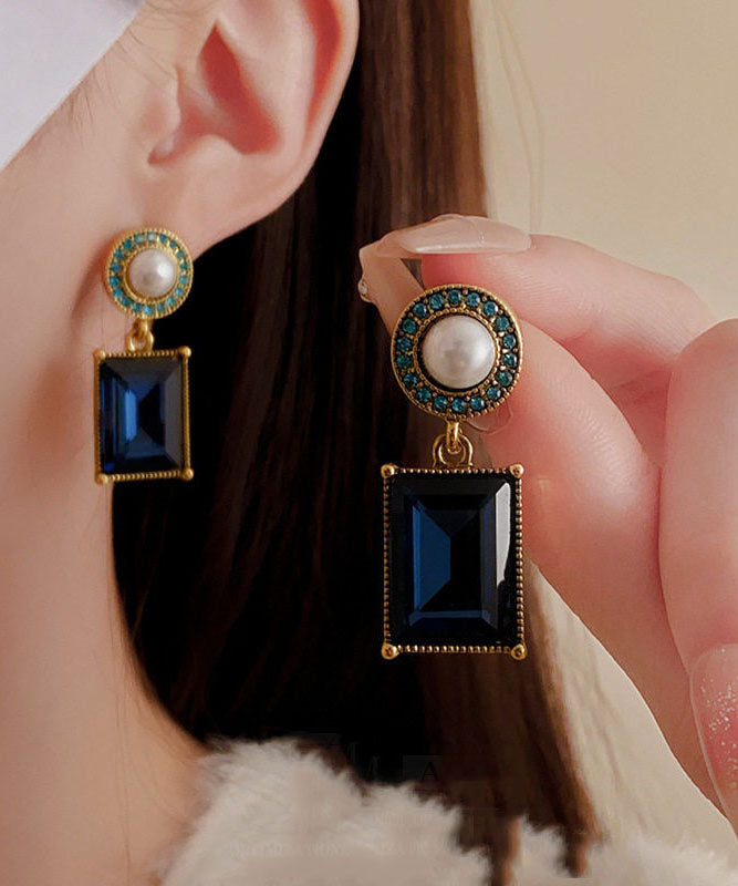 Beautiful Blue Alloy Zircon Pearl Gratuated Bead Necklace And Drop Earrings Two-Piece Set